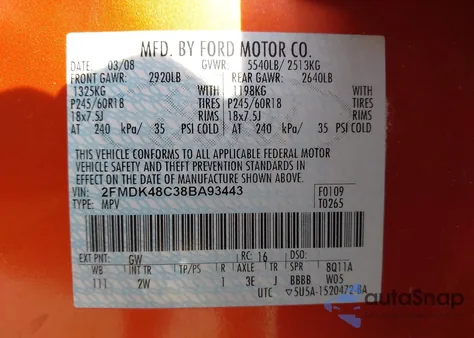 2008 Ford Edge Sel из США, поврежденный, VIN 2FMDK48C38BA93443